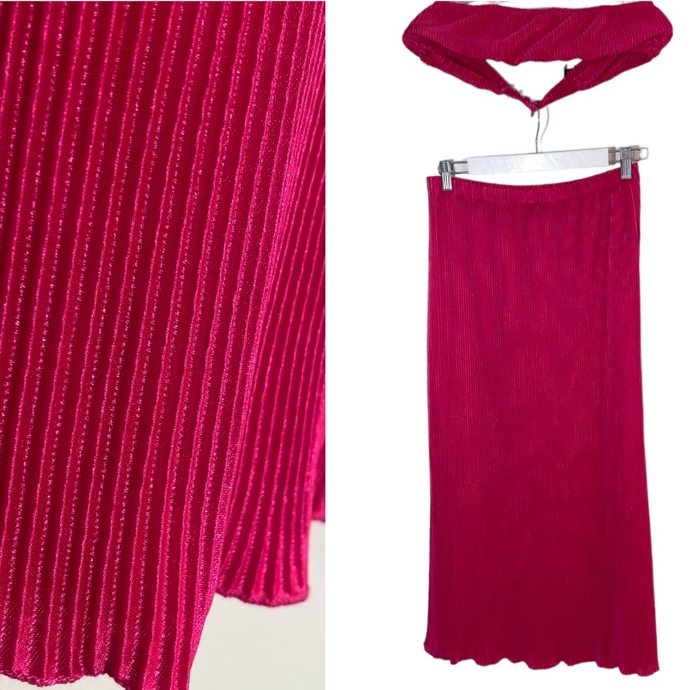 SHEIN hot pink plisse midi skirt and crop top set size L